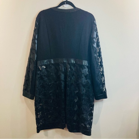 BETTY BARCLAY Sz 14 Knit Vegan Leather Houndstooth Floral Sheer Lace Long Jacket - Picture 12 of 14